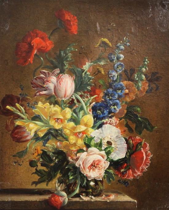 § Stuart Somerville (1908-1983) Still life of flowers in a vase upon a ledge 23.5 x 19.5in.